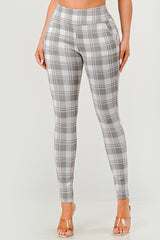 High Waist Sculpting Treggings With Front Pockets - Gray, White Pink Plaid