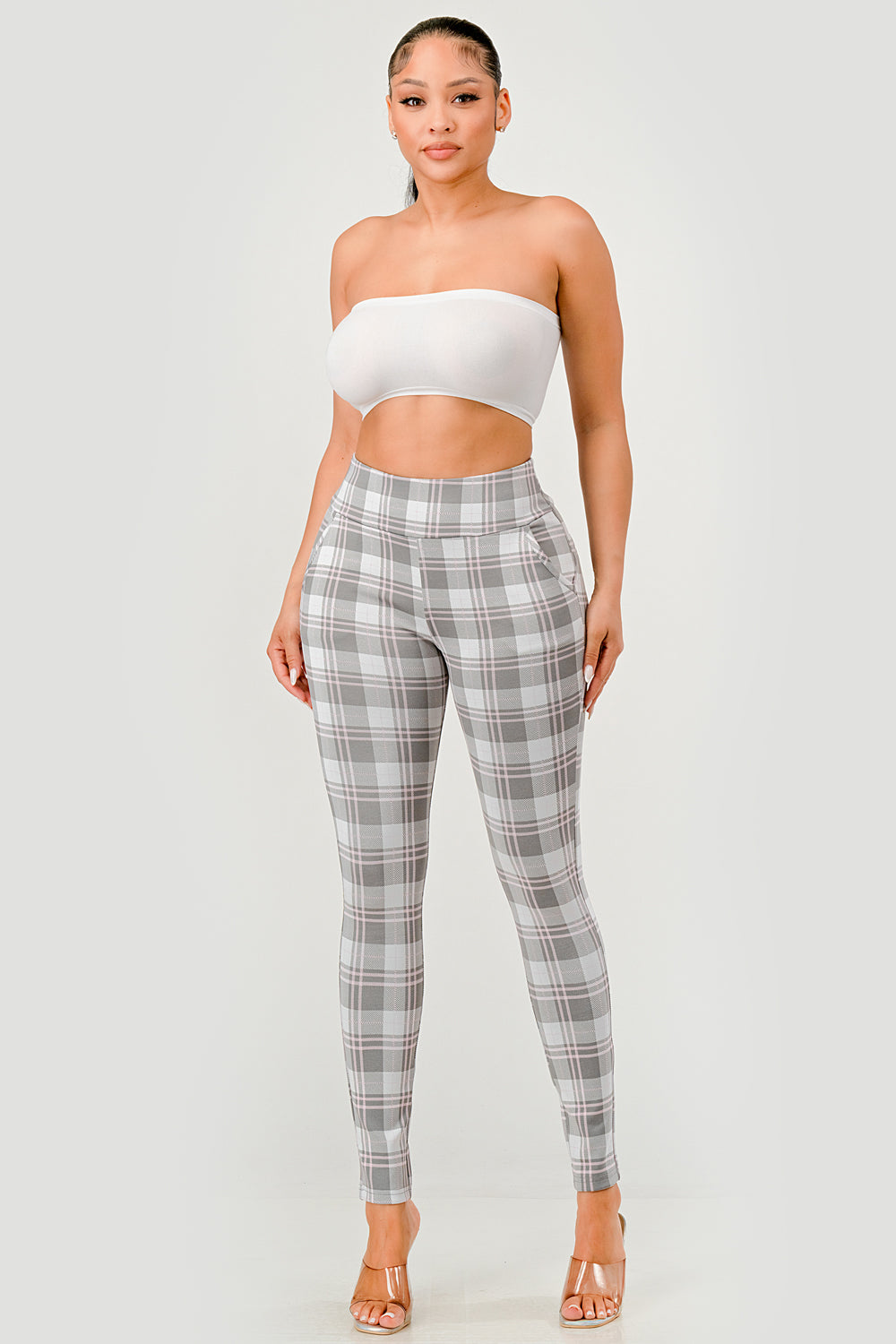 High Waist Sculpting Treggings With Front Pockets - Gray, White Pink Plaid