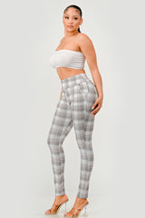 High Waist Sculpting Treggings With Front Pockets - Gray, White Pink Plaid