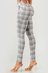 High Waist Sculpting Treggings With Front Pockets - Gray, White Pink Plaid