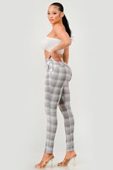 High Waist Sculpting Treggings With Front Pockets - Gray, White Pink Plaid