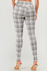 High Waist Sculpting Treggings With Front Pockets - Gray, White Pink Plaid