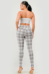 High Waist Sculpting Treggings With Front Pockets - Gray, White Pink Plaid