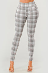 High Waist Sculpting Treggings With Front Pockets - Gray, White Pink Plaid