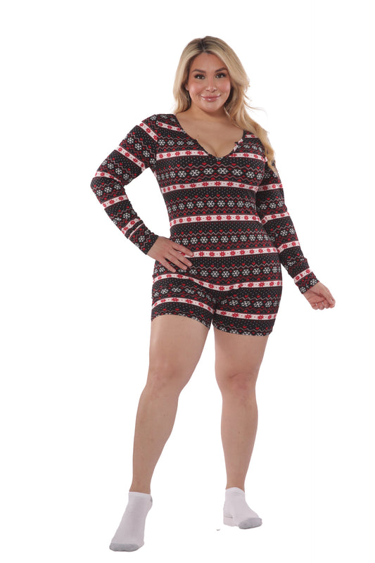 Plus Size Holiday Print Fleece Lined Romper Onesie - Black, Red & White