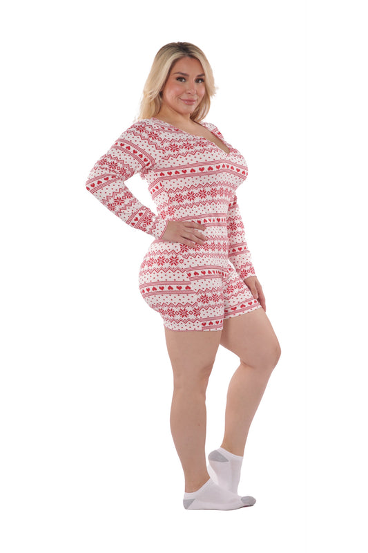 Plus Size Holiday Print Fleece Lined Romper Onesie - White & Red