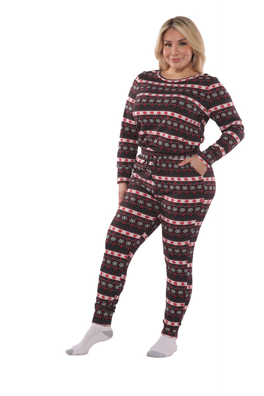 Plus Size Holiday Print Fleece Lined Long Sleeve Top & Sweatpants Pajama Set - Black & Red