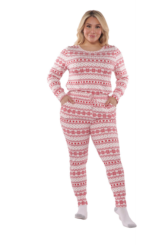 Plus Size Holiday Print Fleece Lined Long Sleeve Top & Sweatpants Pajama Set - White & Red