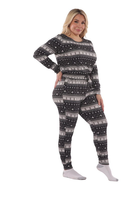 Plus Size Holiday Print Fleece Lined Long Sleeve Top & Sweatpants Pajama Set - Black & Gray