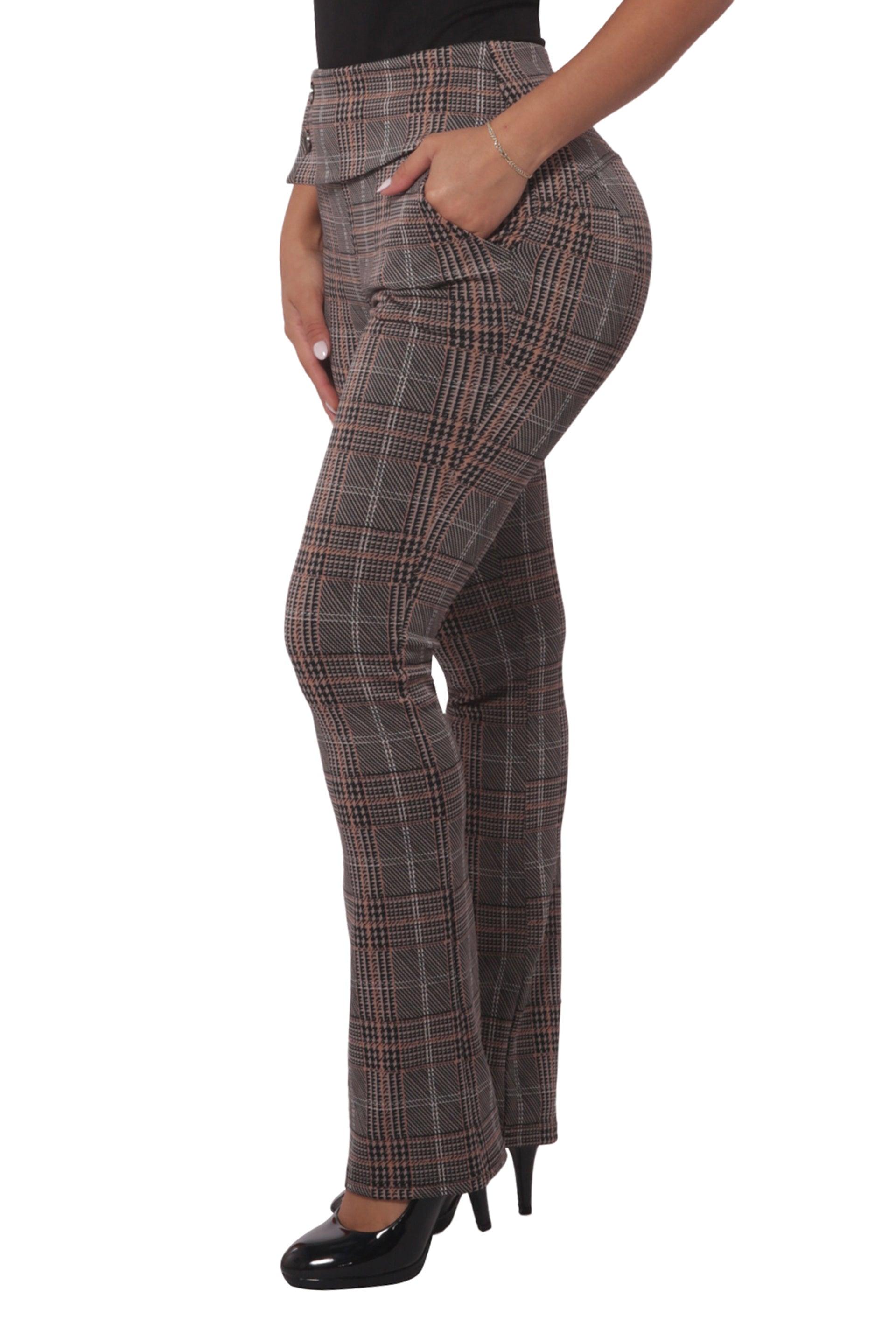 Asymmetrical Button Waist Flare Pants - Khaki, Brown Plaid - SHOSHO Fashion