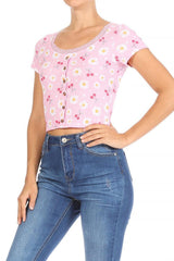 Button Front Ribbed Short Sleeve T-Shirt Tops With Lace Trim - Pink - SHOSHO Fashion