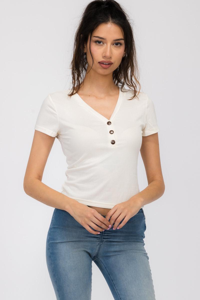 Button V-Neck Ribbed Short Sleeve T-Shirt Top - Ivory - SHOSHO Fashion