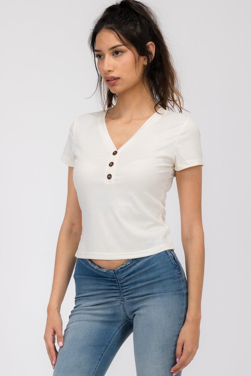 Button V-Neck Ribbed Short Sleeve T-Shirt Top - Ivory - SHOSHO Fashion