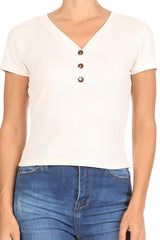 Button V-Neck Ribbed Short Sleeve T-Shirt Top - Ivory - SHOSHO Fashion