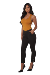 Cropped Pants With Side Ankle Button Detail - Black - SHOSHO Fashion