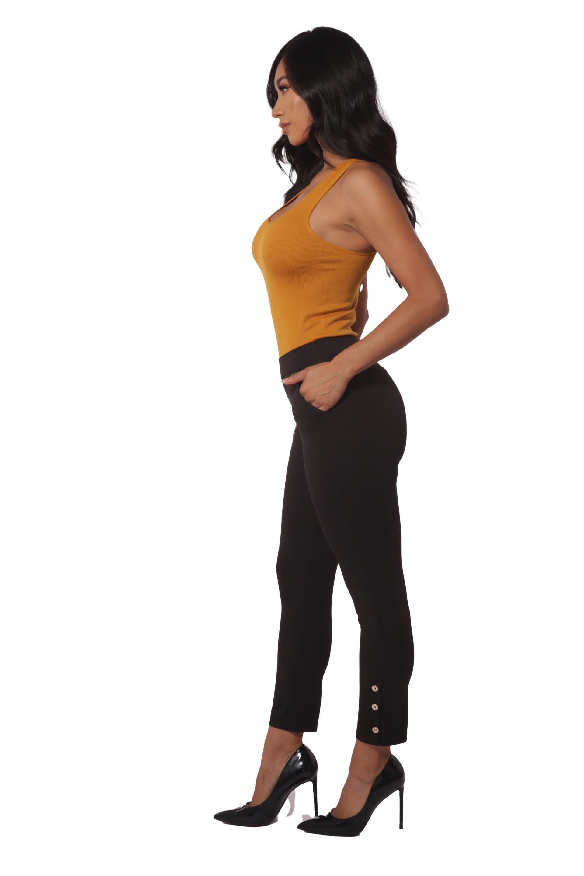 Cropped Pants With Side Ankle Button Detail - Black - SHOSHO Fashion