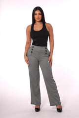 Cropped Straight Leg Pants With Button Waist Detail - Black, White Houndstooth - SHOSHO Fashion