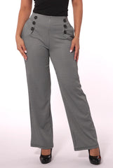 Cropped Straight Leg Pants With Button Waist Detail - Black, White Houndstooth - SHOSHO Fashion