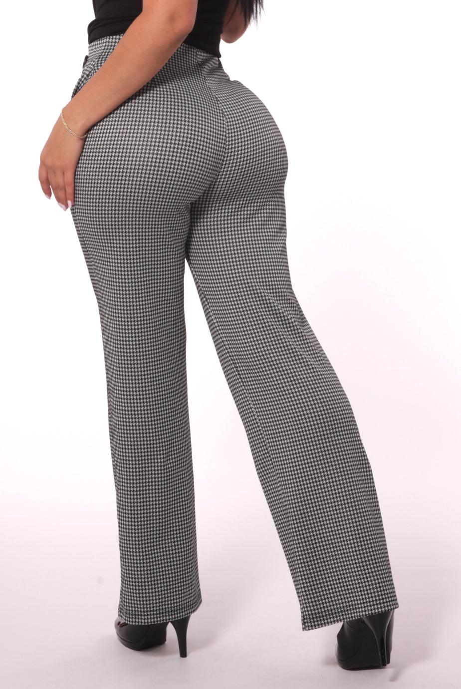 Cropped Straight Leg Pants With Button Waist Detail - Black, White Houndstooth - SHOSHO Fashion