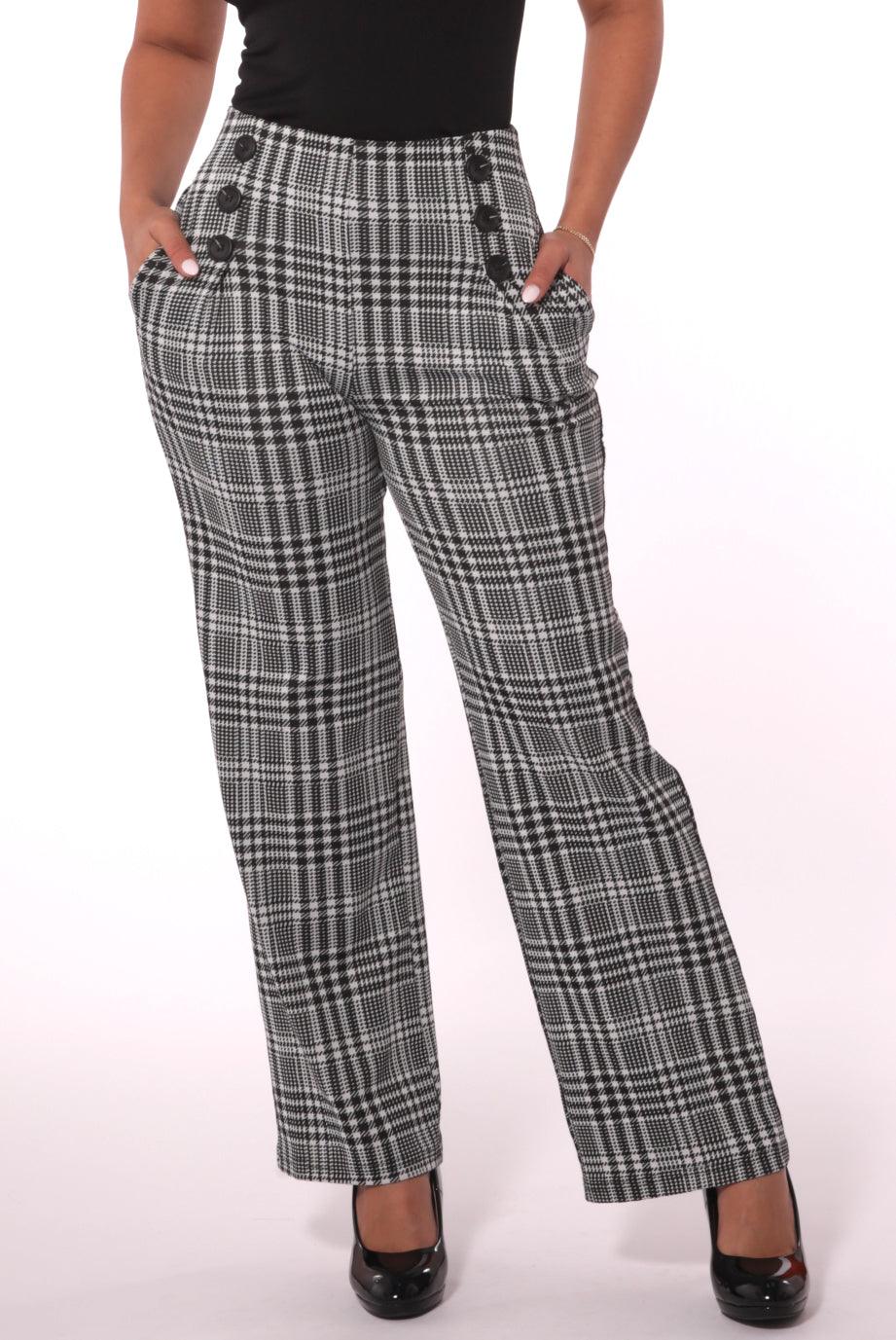 Cropped Straight Leg Pants With Button Waist Detail - Black, White Plaid - SHOSHO Fashion