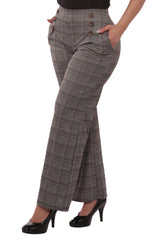 Cropped Straight Leg Pants With Button Waist Detail - Khaki, Brown Plaid - SHOSHO Fashion