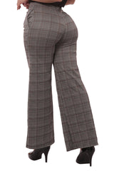 Cropped Straight Leg Pants With Button Waist Detail - Khaki, Brown Plaid - SHOSHO Fashion