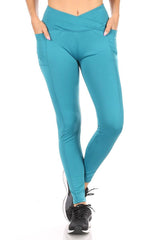 Crossover Waist Tummy Control Sculpting Sport Leggings With Pockets - Teal - SHOSHO Fashion