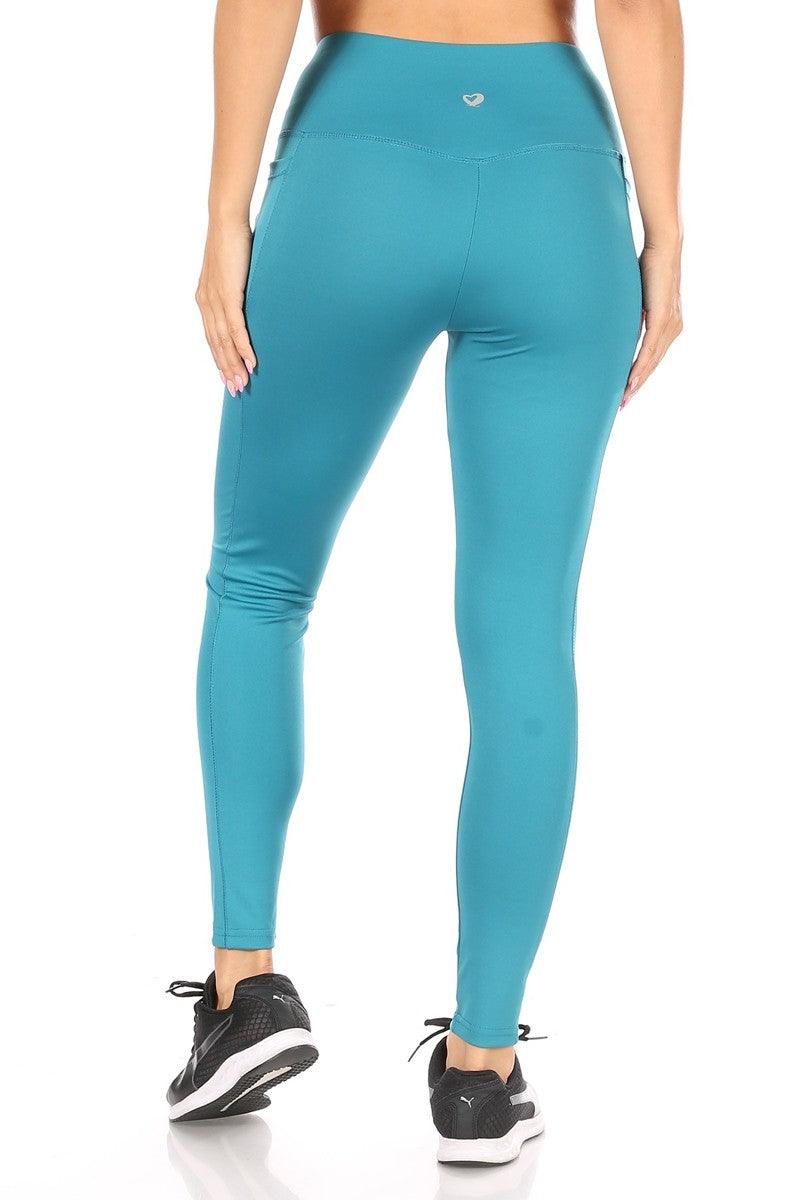 Crossover Waist Tummy Control Sculpting Sport Leggings With Pockets - Teal - SHOSHO Fashion