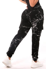 Fleece Lined Cargo Sweatpants - Black & White Marble - SHOSHO Fashion