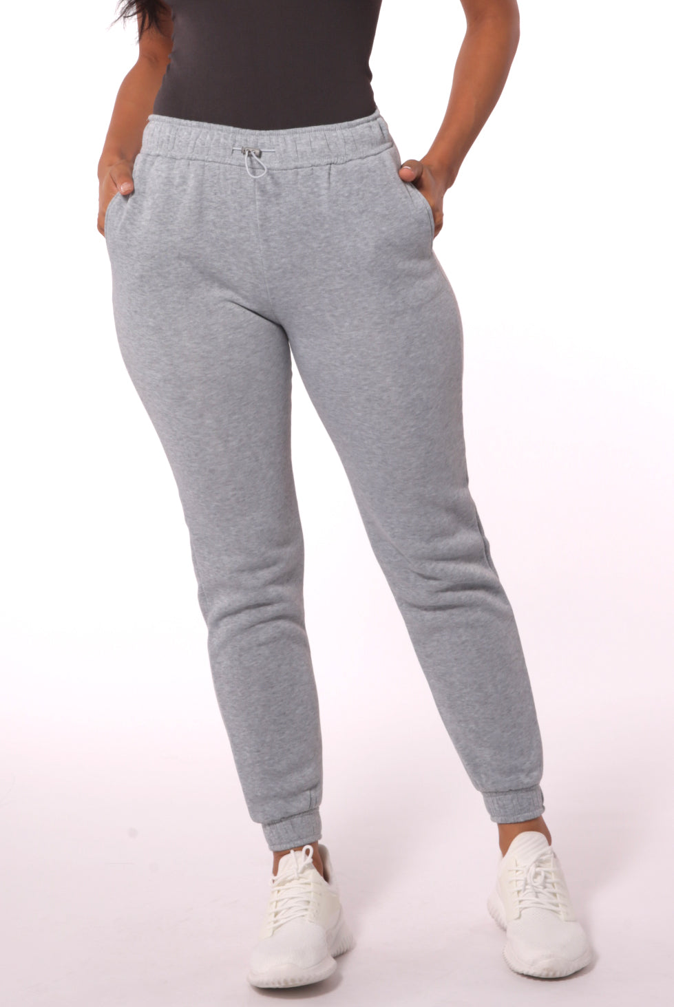 Fleece Lined Sweatpants with Bungee Cord Waist - Light Gray - SHOSHO Fashion
