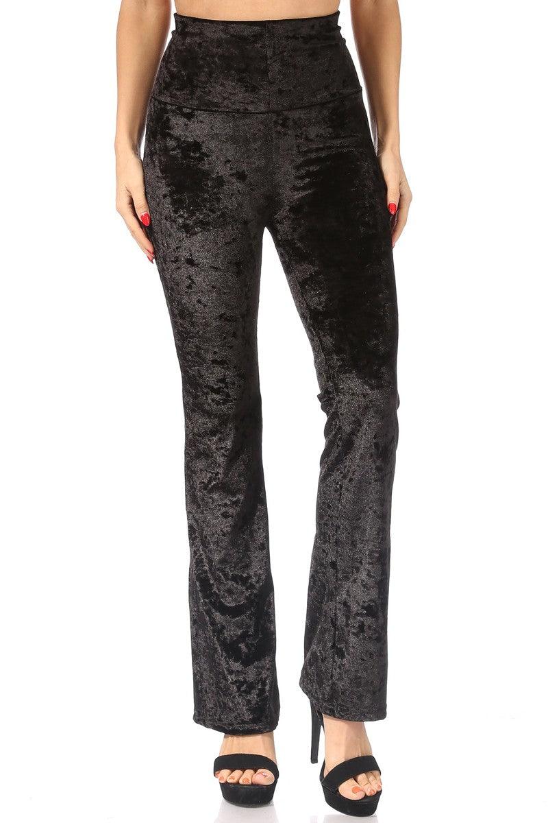 High Rise Crushed Velvet Flare Pants - Black - SHOSHO Fashion