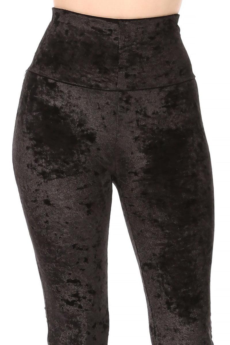 High Rise Crushed Velvet Flare Pants - Black - SHOSHO Fashion