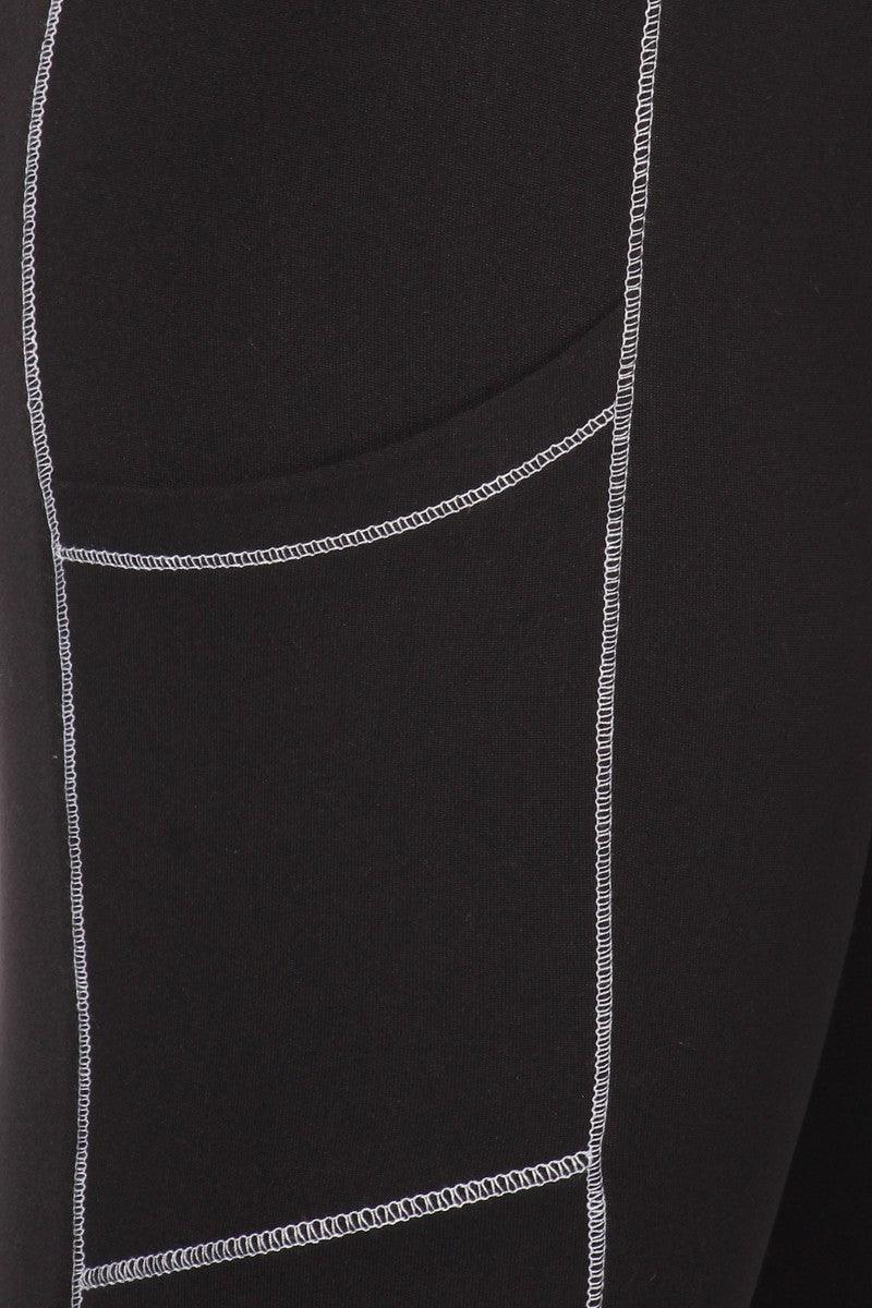 High Waist Contrast Seam Fleece Lined Leggings With Side Pockets - Black - SHOSHO Fashion