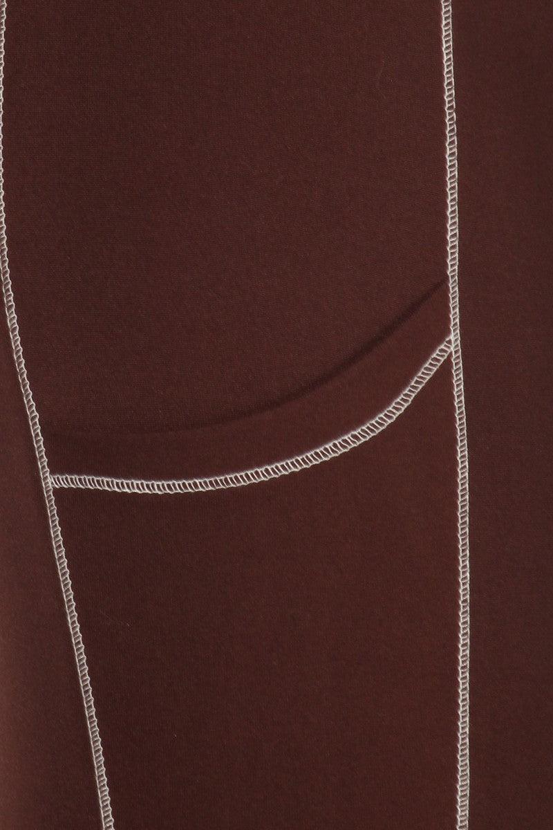 High Waist Contrast Seam Fleece Lined Leggings With Side Pockets - Chocolate Brown - SHOSHO Fashion