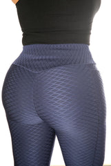 High Waist Diamond Honeycomb Textured Butt Scrunch Sports Leggings With Pockets - Blue - SHOSHO Fashion