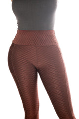 High Waist Diamond Honeycomb Textured Butt Scrunch Sports Leggings With Pockets - Chocolate Brown - SHOSHO Fashion