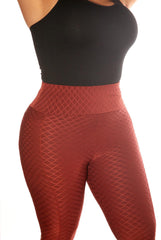 High Waist Diamond Honeycomb Textured Butt Scrunch Sports Leggings With Pockets - Firebrick - SHOSHO Fashion