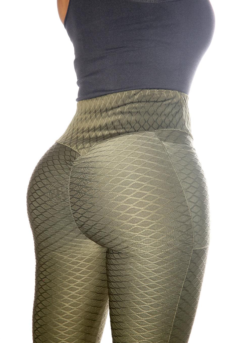 High Waist Diamond Honeycomb Textured Butt Scrunch Sports Leggings With Pockets - Olive - SHOSHO Fashion