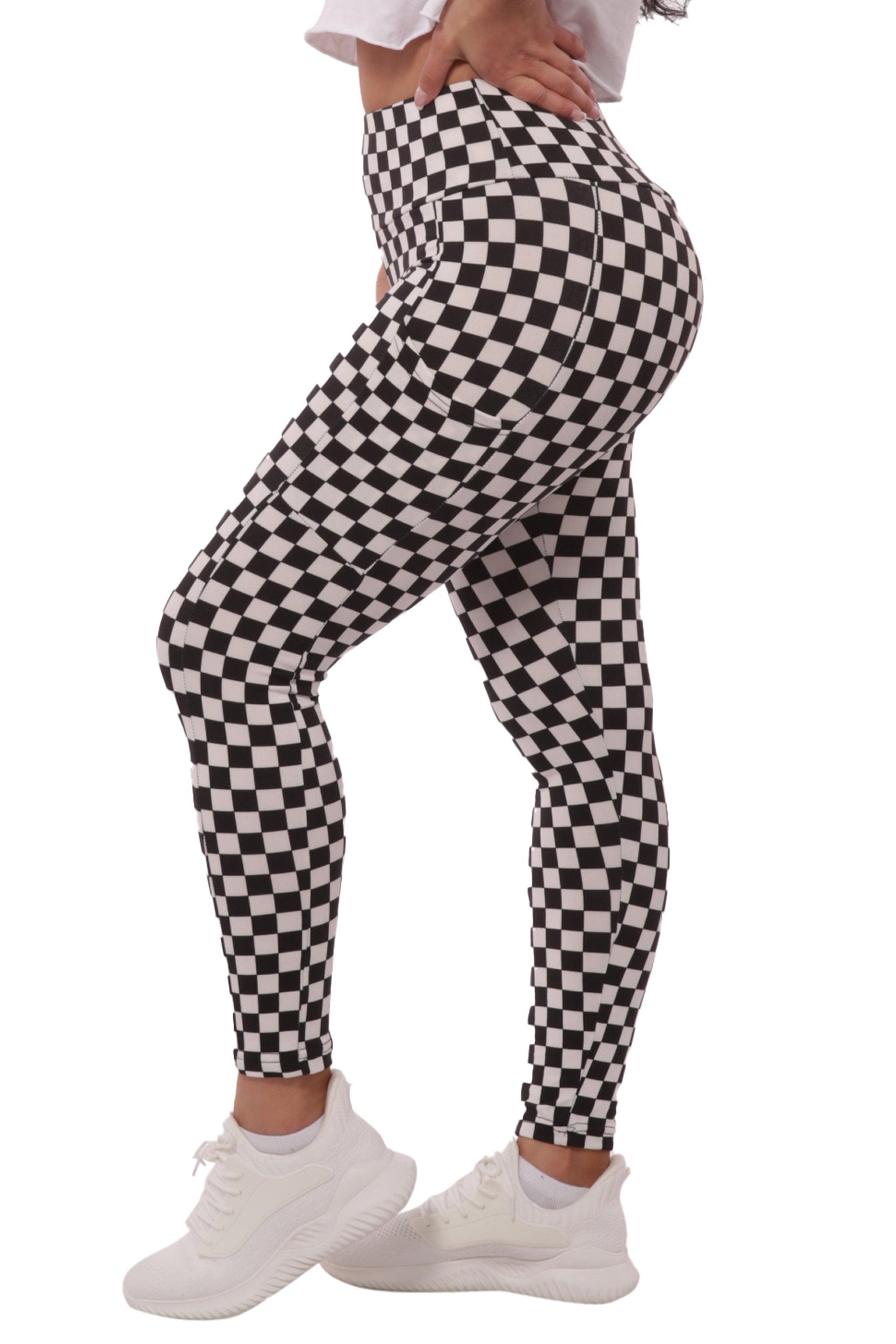 High Waist Fleece Lined Leggings With Side Pockets - Black & White Checkered - SHOSHO Fashion