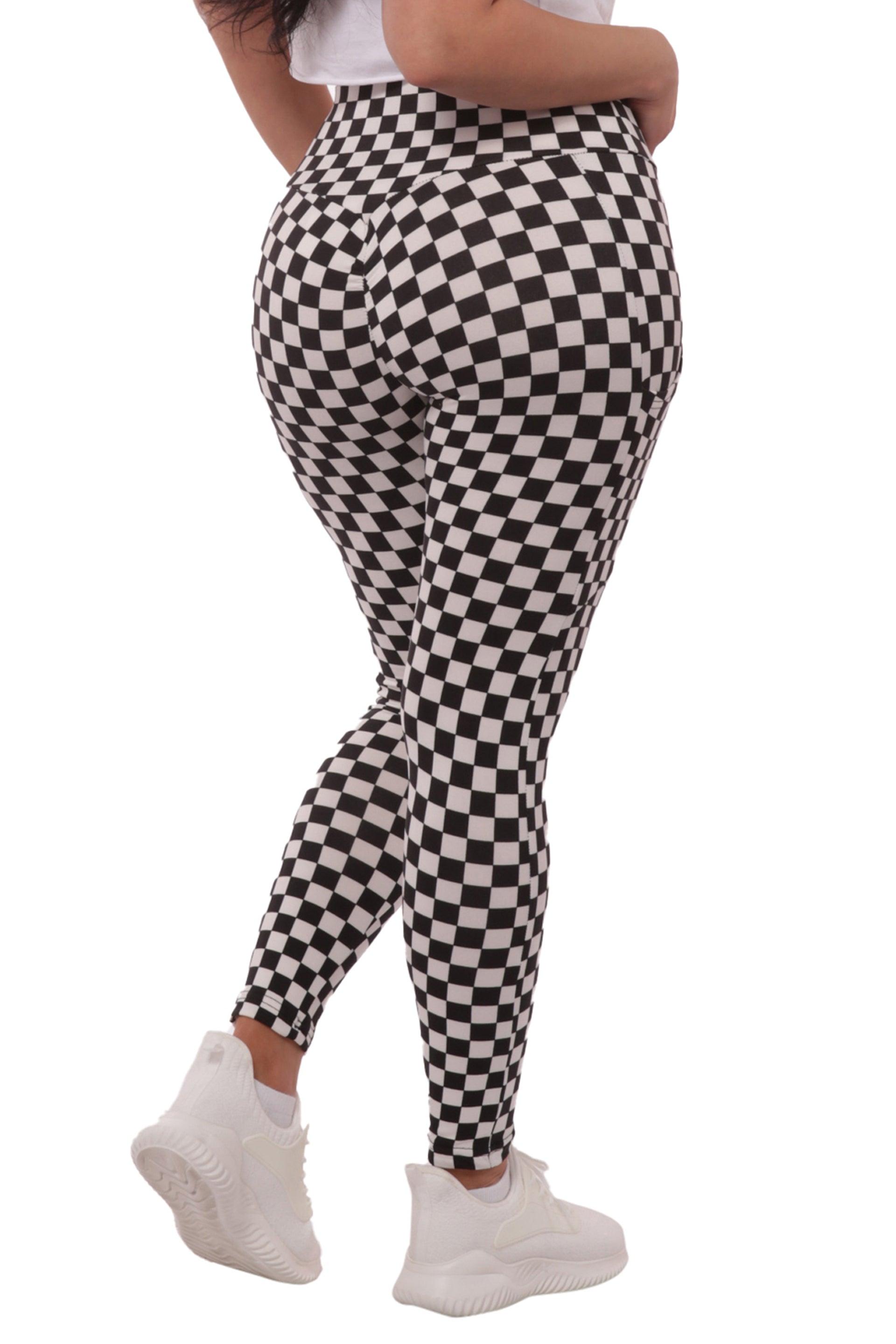 High Waist Fleece Lined Leggings With Side Pockets - Black & White Checkered - SHOSHO Fashion