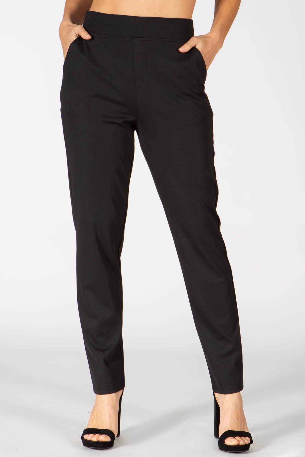 High Waist Lightweight Ponte Pull On Pants With Pockets - Black - SHOSHO Fashion