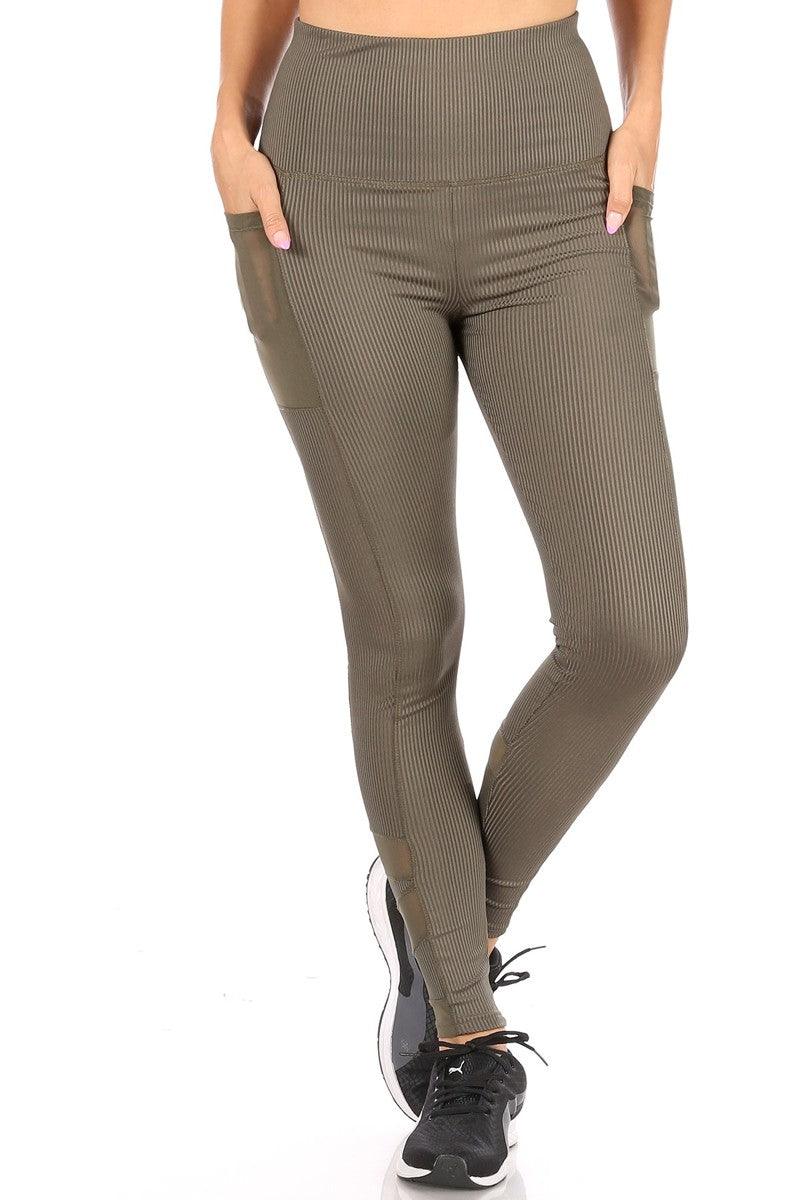 High Waist Rib Knit Leggings With Side Pockets - Camel Brown