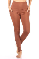 High Waist Rib Knit Leggings With Side Pockets - Camel Brown - SHOSHO Fashion