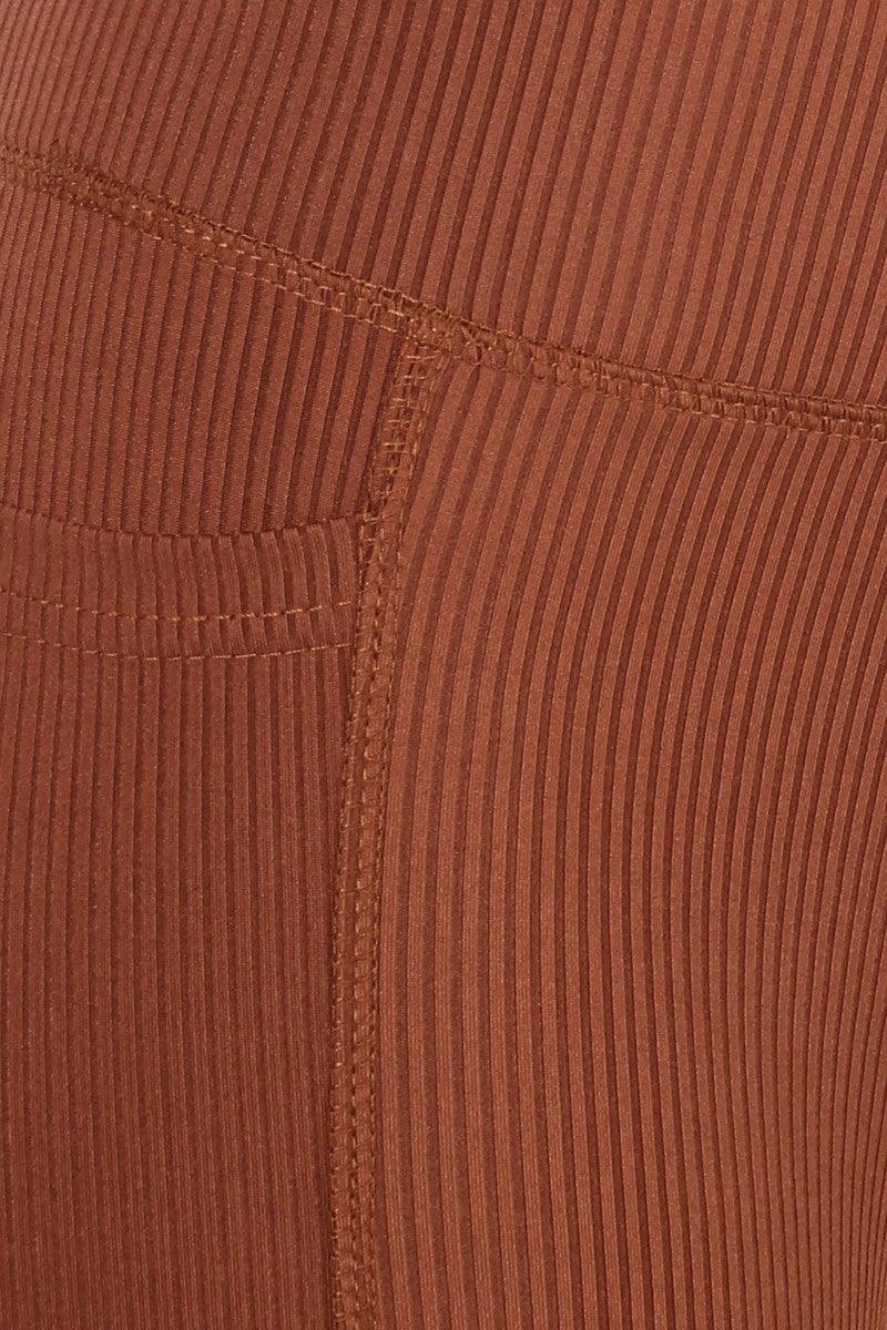 High Waist Rib Knit Leggings With Side Pockets - Camel Brown - SHOSHO Fashion