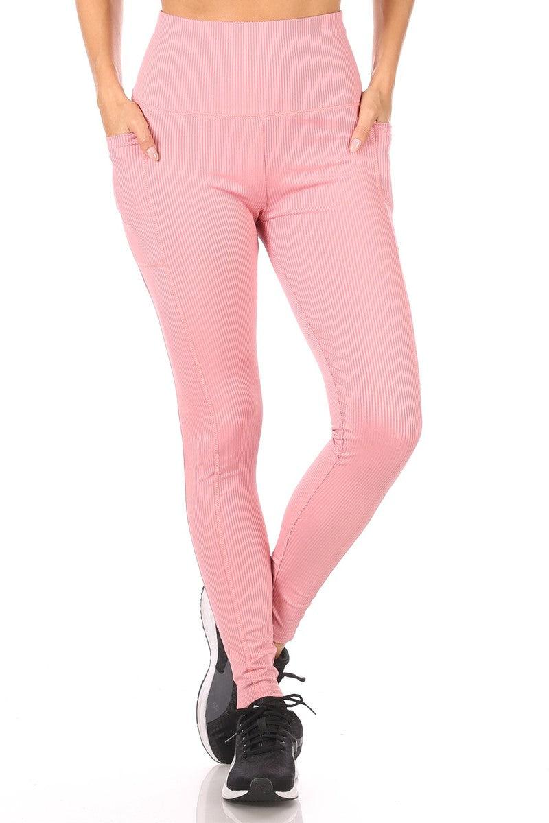 High Waist Rib Knit Leggings With Side Pockets - Mauve - SHOSHO Fashion