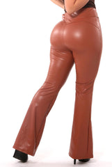 High Waist Sculpting PU Faux Leather Flare Pants - Camel - SHOSHO Fashion