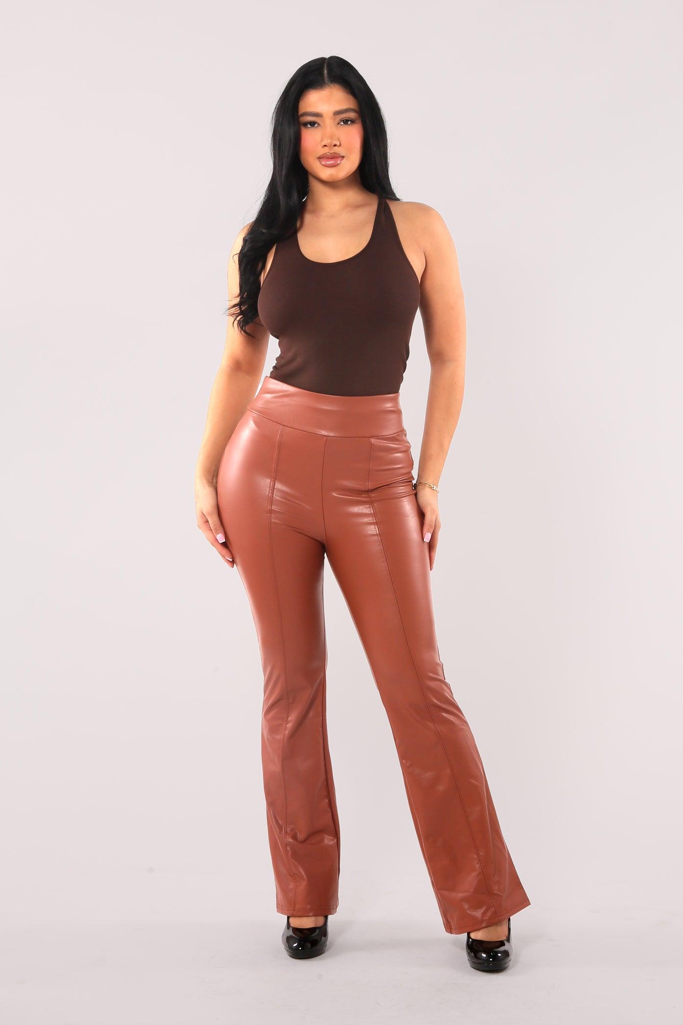 High Waist Sculpting PU Faux Leather Flare Pants - Camel - SHOSHO Fashion