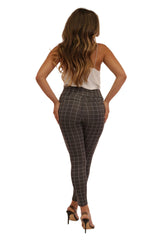 High Waist Sculpting Treggings With Front Pockets - Grey & White Plaid - SHOSHO Fashion