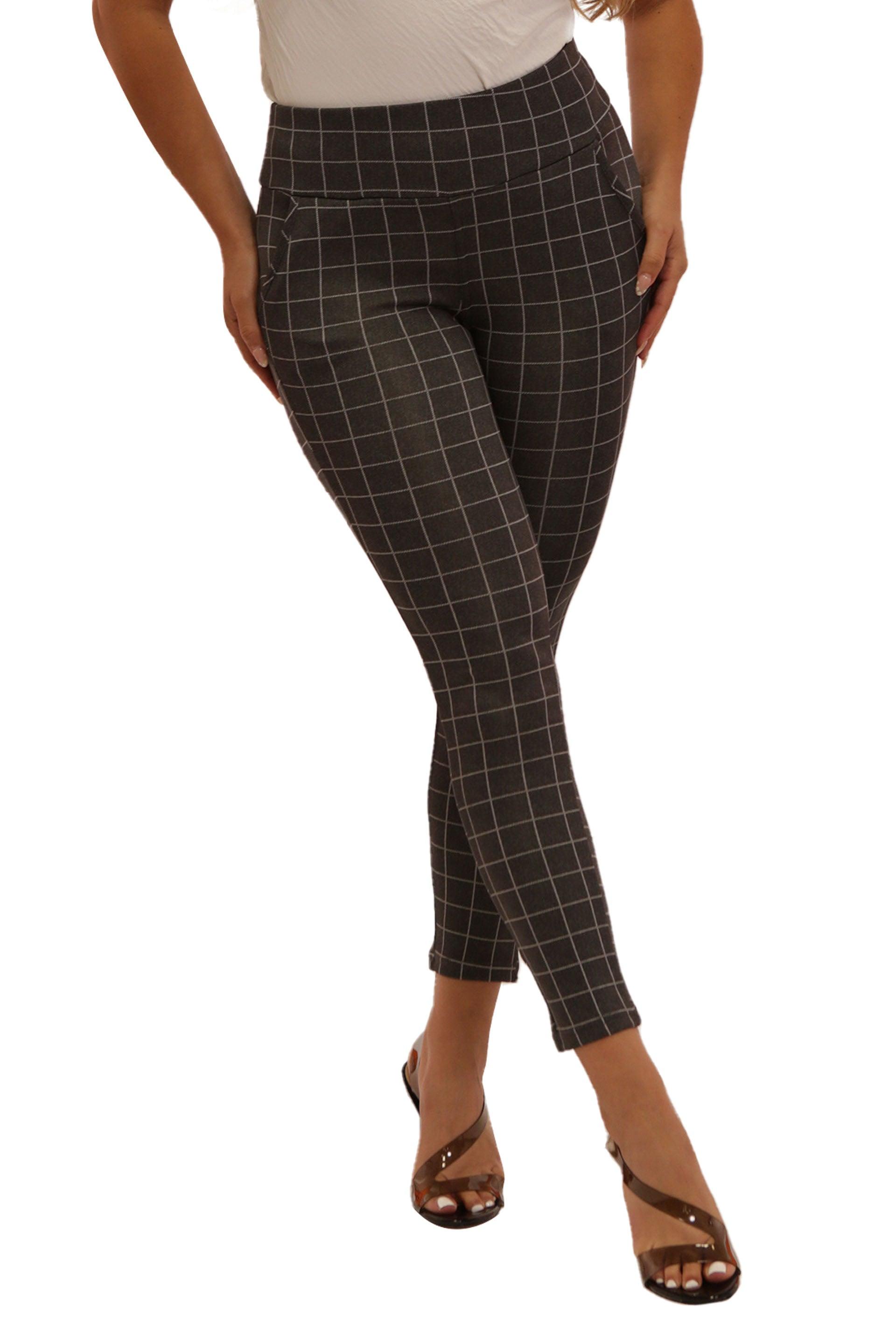 High Waist Sculpting Treggings With Front Pockets - Grey & White Plaid - SHOSHO Fashion