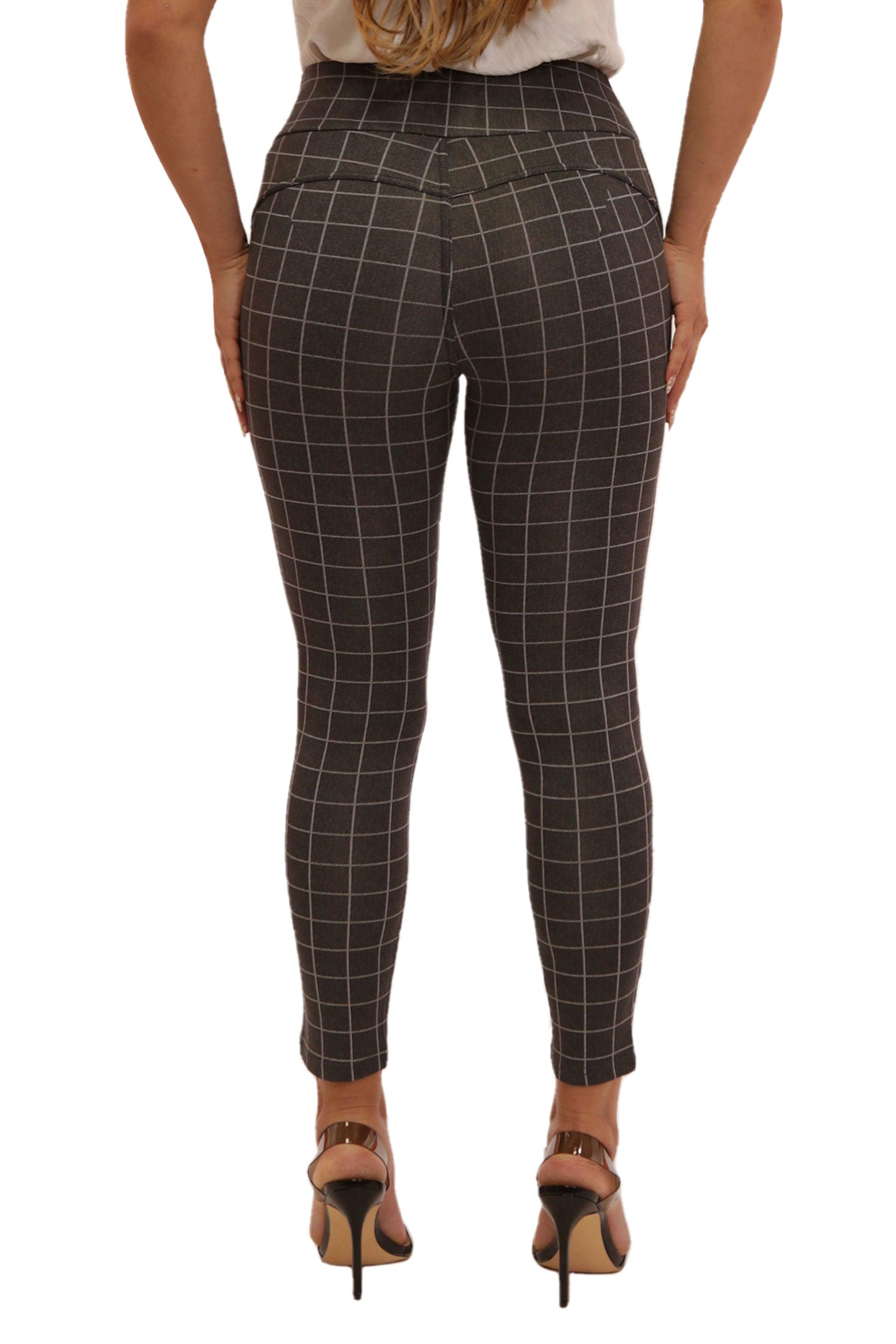 High Waist Sculpting Treggings With Front Pockets - Grey & White Plaid - SHOSHO Fashion